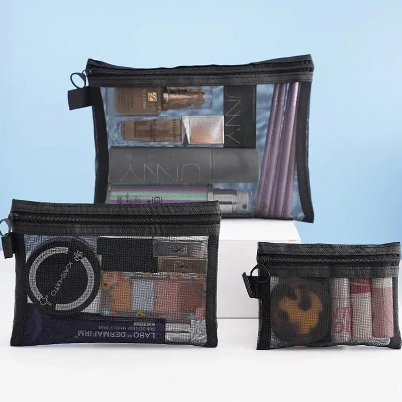 sacs à cosmétiques transparents en maille, petit grand sac de maquillage noir, étui de rangement de toilette de voyage portable, pochette de rangement de rouge à lèvres 1/3 pièces