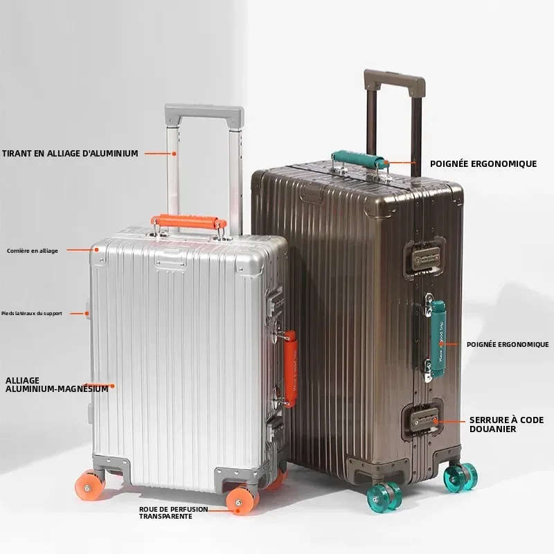 valise en alliage d'aluminium et de magnésium, grande capacité, avec serrure à combinaison, roulettes transparentes, valise à roulettes pour affaires