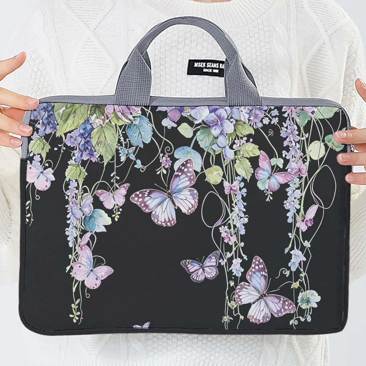 ensemble unique, deux styles, sacoche pour ordinateur portable et porte-documents motif papillon violet, convient aux ordinateurs portables de 14 pouces.