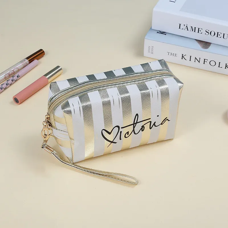 sac à cosmétiques à la mode pour femmes, sac de maquillage portable rayé, coréen doux cool, sacs de rangement imperméables personnalisés