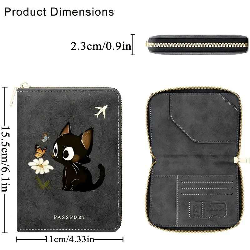 portefeuille de voyage pour femme en cuir pu avec blocage rfid, motif chat et fleurs imprimé en 2d, étui de passeport sécurisé pour documents
