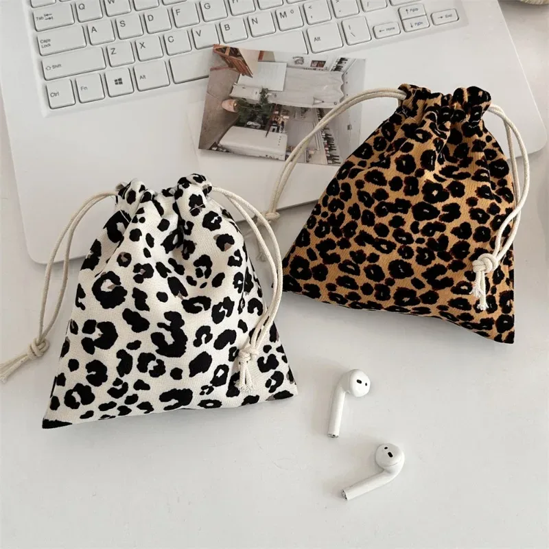 Sacs à cosmétiques à cordon imprimé léopard, sacs à monnaie pour filles, porte-monnaie, clés, écouteurs, rouge à lèvres, organisateur de maquillage de toilette, sacs de poche