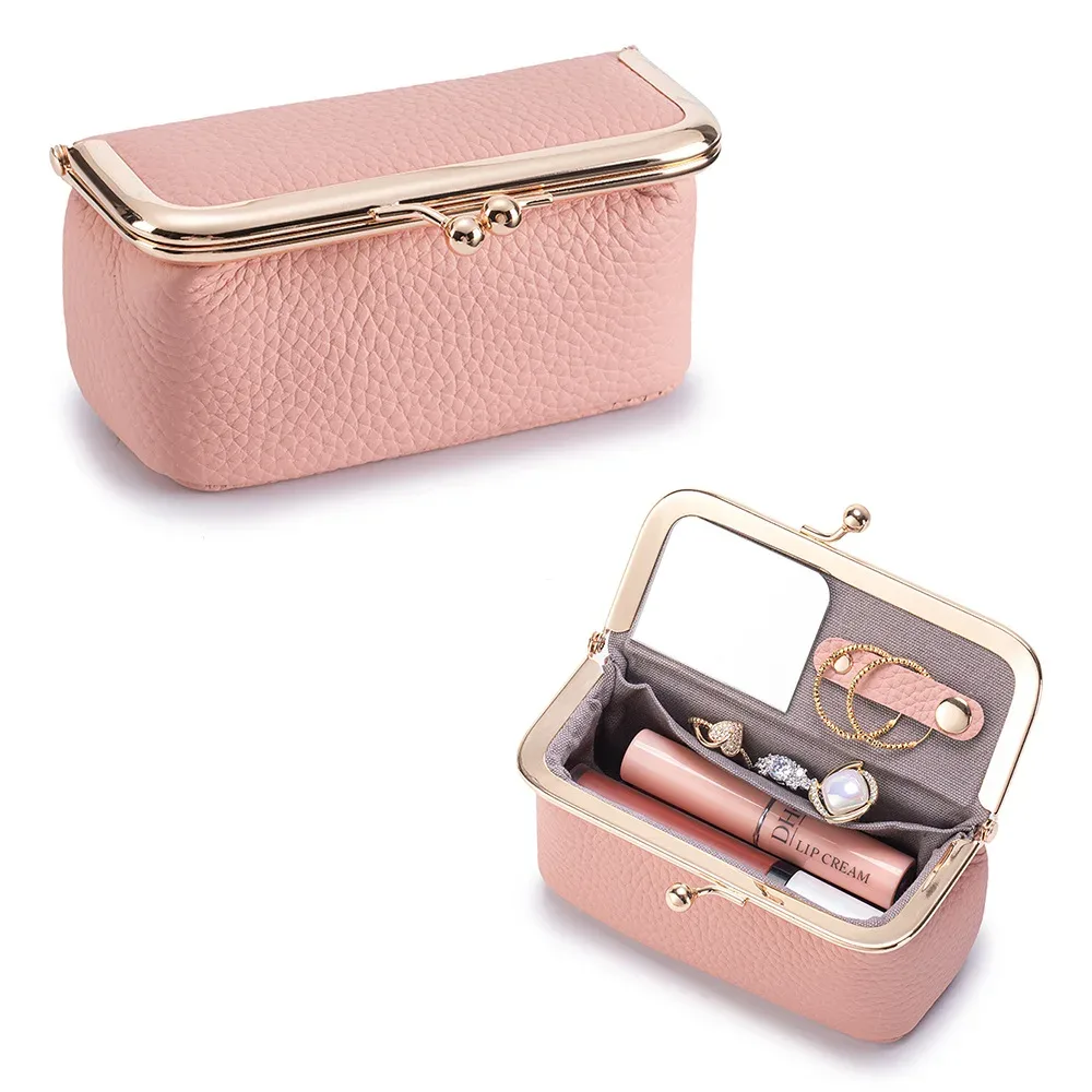 mini trousse de maquillage multifonction en cuir avec miroir, étui de voyage portable pour rouge à lèvres, bijoux, bagues, petits objets