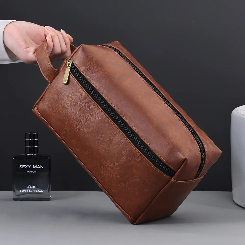 sac à cosmétiques en cuir pour hommes, voyage d'affaires, rasage, trousse de toilette portable, organisateur de grande capacité, sac de lavage à main