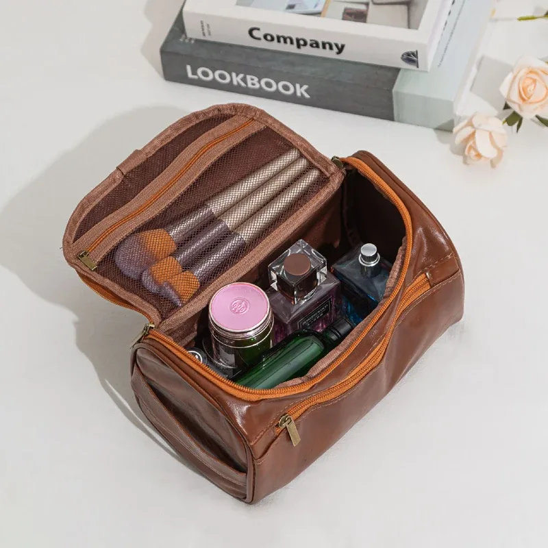 trousse de toilette de voyage en cuir pour hommes et femmes, grande capacité, organisateur de cosmétiques avec crochet de suspension, sac de rangement maquillage étanche