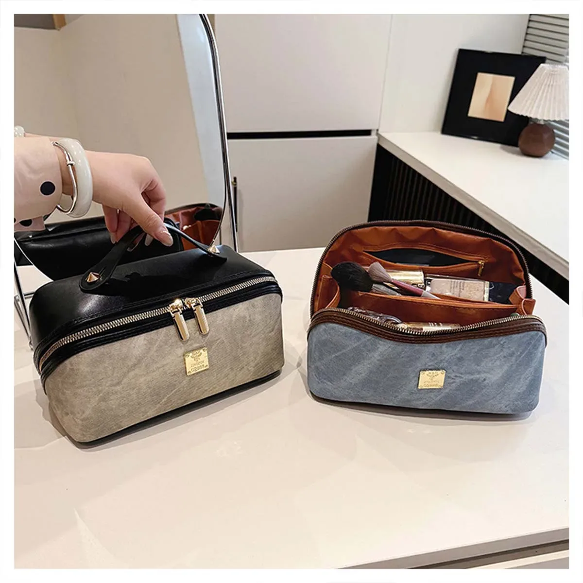 nouvelle trousse de toilette, sac de rangement de voyage haut de gamme en denim et cuir pu avec empiècements color-block, trousse de toilette de marque en métal