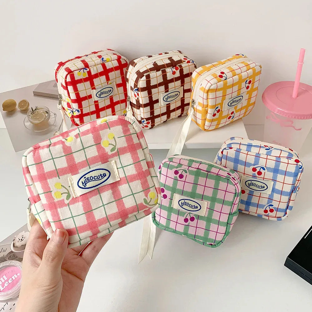 sacs de maquillage pour femmes, sacs à cosmétiques japonais à carreaux cerise dopamine doux kawaii, sac de rangement portable multifonctionnel pour filles