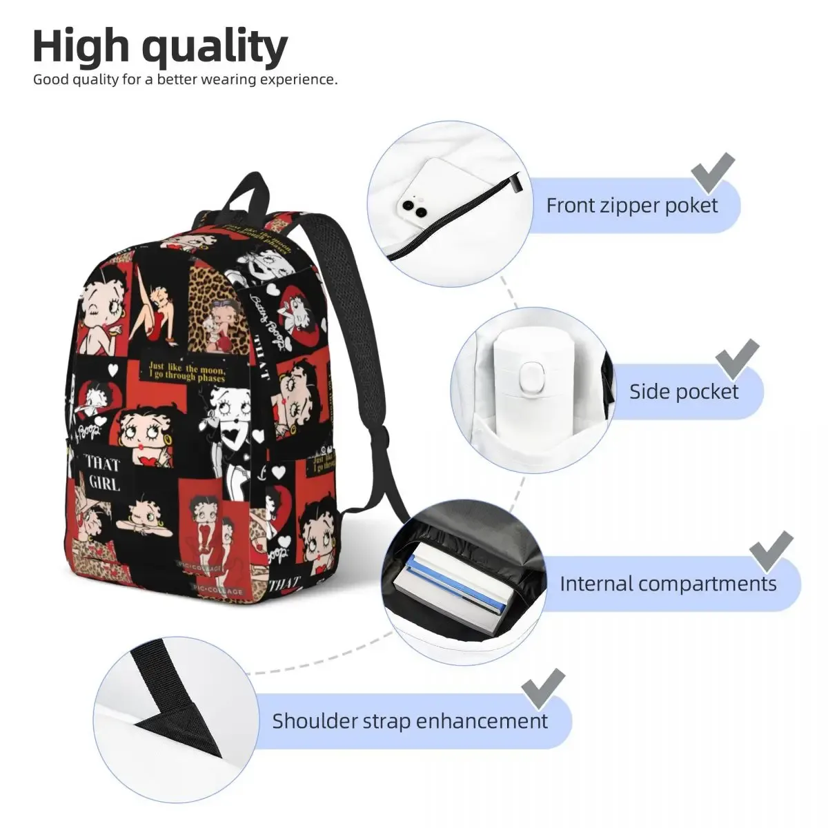 sac à dos b-bettysd cartoon kiss boops pour hommes et femmes, sac à dos décontracté pour le lycée, le travail, le collège, sac à bandoulière, cadeau
