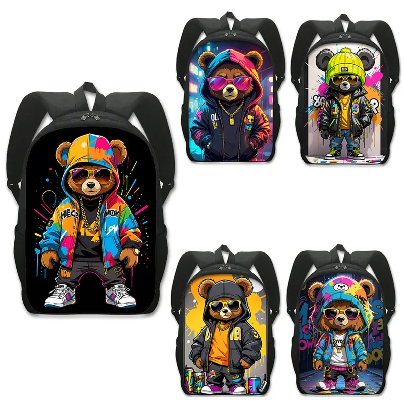 sac à dos kawaii graffiti bear pour hommes et femmes, sac à dos décontracté pour étudiants, sacs d'école pour adolescents, sac à dos de voyage hip hop, cartable