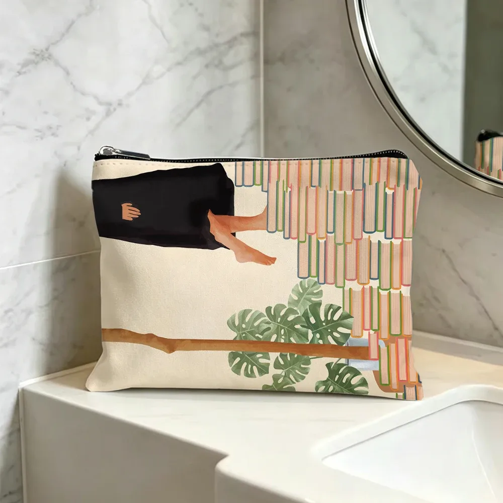 trousse de maquillage bohème en toile, motif abstrait de feuilles de plantes botaniques, pochette cosmétique minimaliste avec fermeture éclair, organisateur de toilette portable pour voyage.