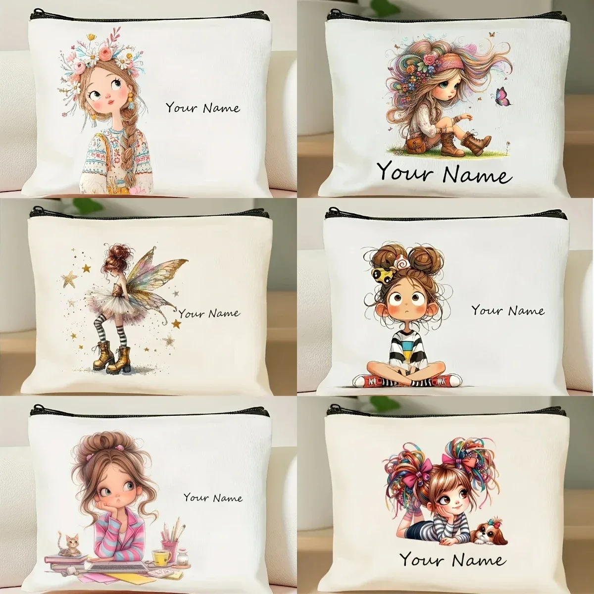 pochette à maquillage vintage personnalisée avec motif de fille mignonne, trousse de toilette, trousse à crayons, sac cosmétique pour cadeau de vacances
