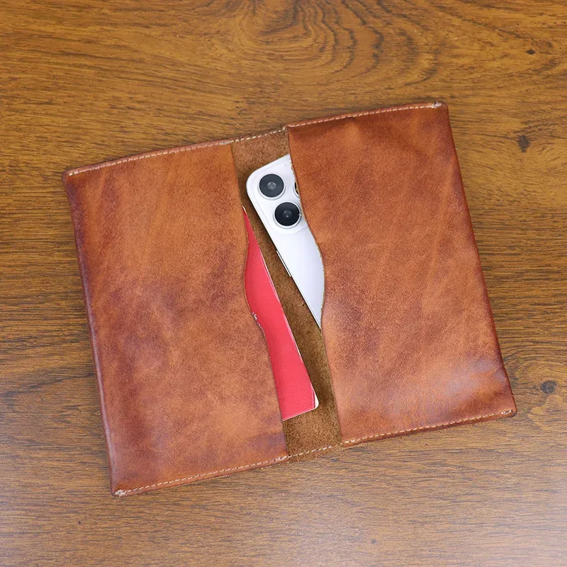 porte-passeport d'affaires en cuir véritable, tannage végétal, organisateur de documents en détresse à la main, support pour téléphone, portefeuille long en cuir de vache