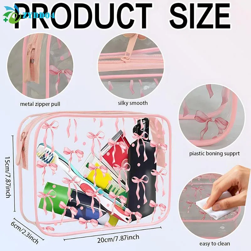 ● 1pcs pochette en nylon pvc imperméable à imprimé nœud mignon, sac à maquillage transparent, pochette zippée pour articles de toilette, sacs cosmétiques