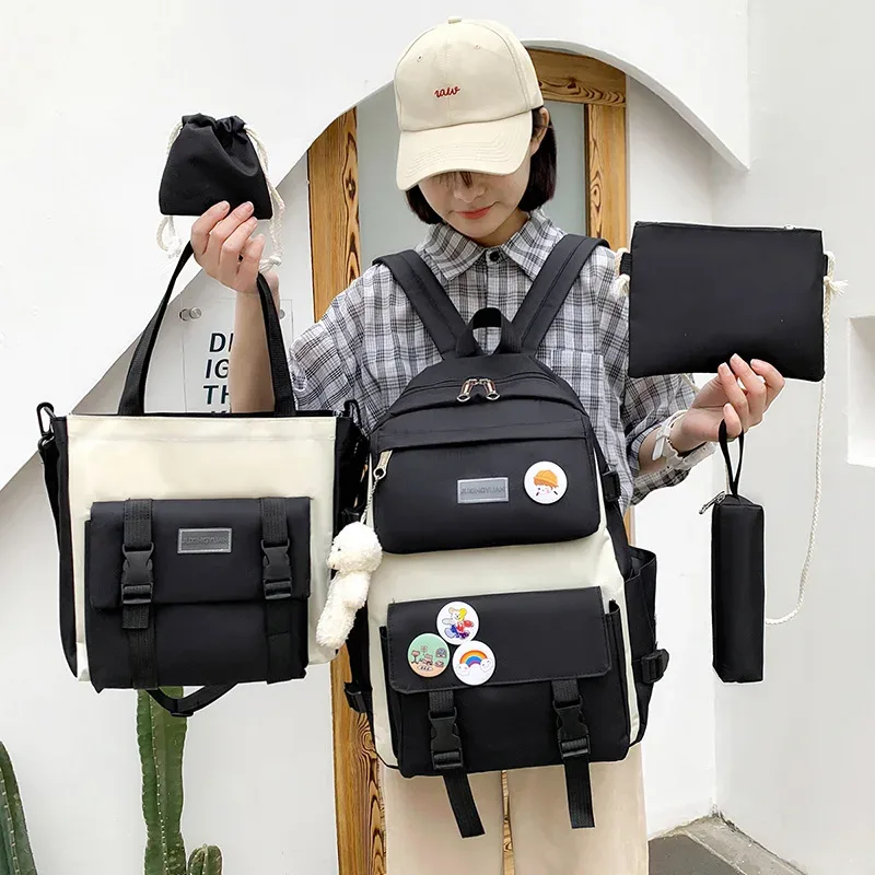sac à dos d'école multifonction pour fille, ensemble combiné de 5 pièces, mode coréenne mochila kawaii, grande capacité, violet, rose, 2024