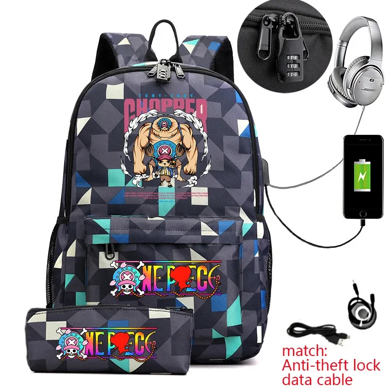 sac à dos antivol pour étudiants avec imprimé tony chopper, avec trousse à crayons, sac à dos décontracté pour garçons, filles et adolescents