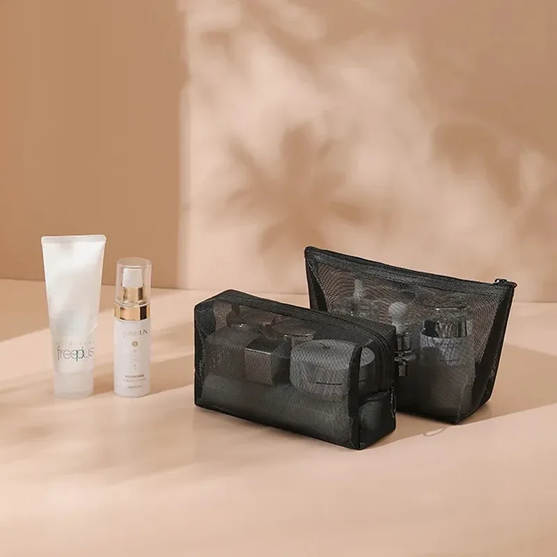 sacs cosmétiques transparents en maille noire - trousse de toilette de voyage portable, petite et grande, pochette de rangement pour maquillage et rouge à lèvres
