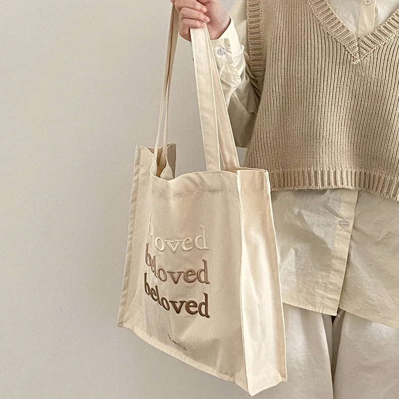 sac à bandoulière en toile pour femmes, sacs de shopping quotidiens brodés, sac de livres pour étudiants, sacs à main en tissu de coton épais, fourre-tout pour filles