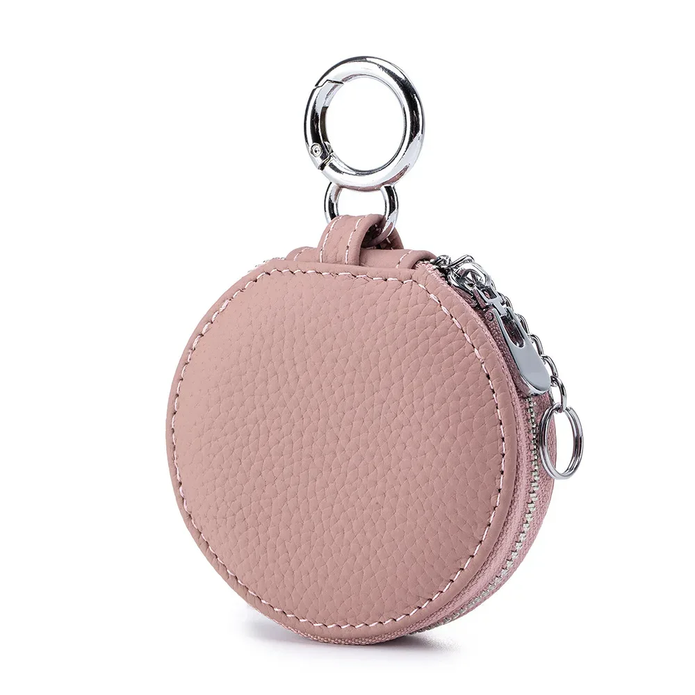 sac de rangement rond en cuir véritable pour femmes, sac rond pour rouge à lèvres souple, sac pour écouteurs avec miroir, sac porte-clés pendentif de grande capacité