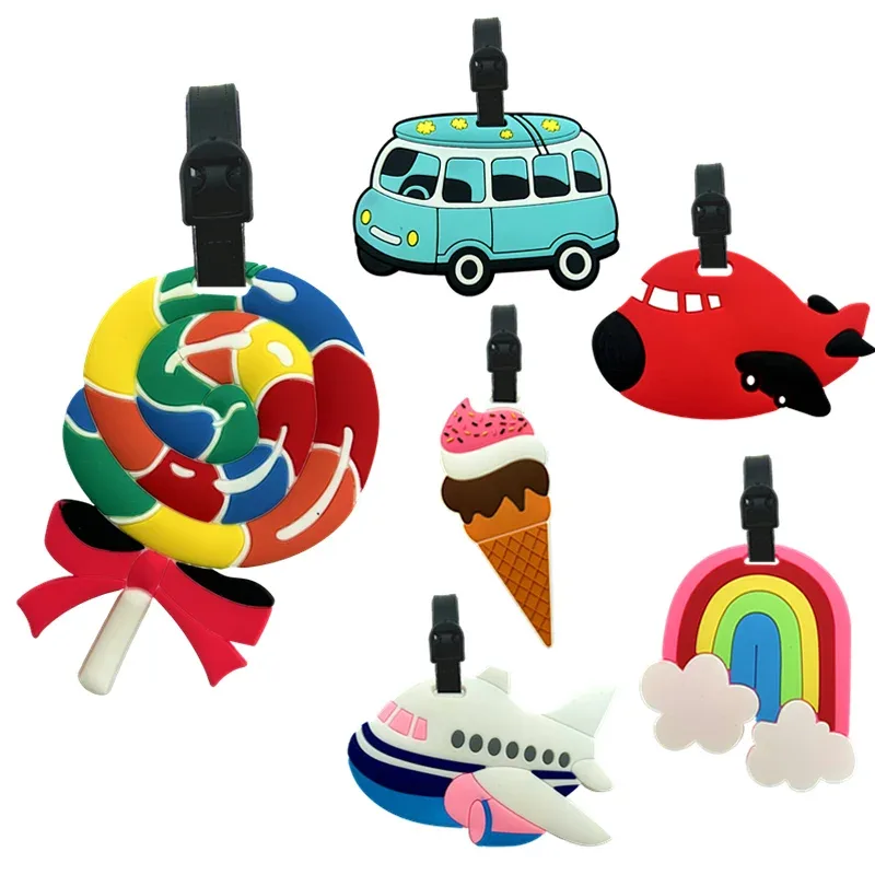 étiquette de bagage en forme de crème glacée mignonne, conception d'image de dessin animé pour enfants et filles, document de voyage et clip d'adresse en pvc durable, adapté
