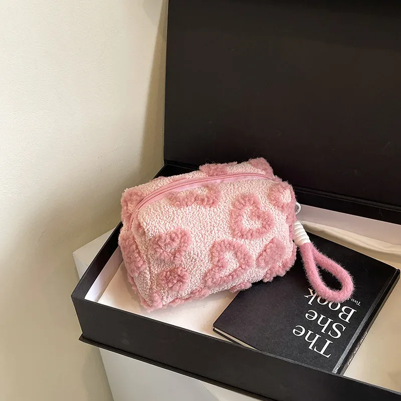 sacs de maquillage en peluche avec poignée, sac de rangement de cosmétiques de voyage souple, organisateur portable imprimé d'amour, trousse à crayons, pochette mignonne