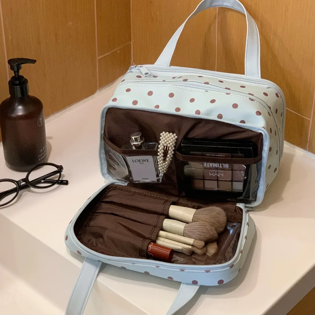 nouvelle trousse de rangement cosmétique portable à trois compartiments, grande capacité, trousse de toilette de voyage, trousse à maquillage à main pour femmes