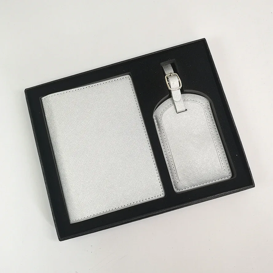 ensemble de couverture de passeport et d'étiquette de bagage en cuir pu de luxe avec boîte, porte-passeport personnalisé avec nom, étiquette de valise personnalisée, vente en gros, cadeau
