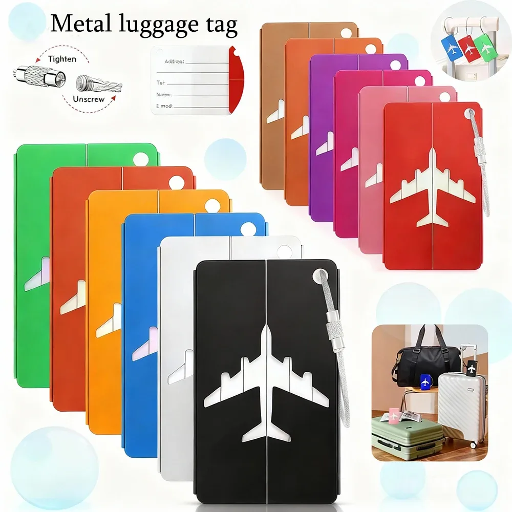étiquette de bagage de voyage en alliage d'aluminium, étiquette suspendue pour valise, avion avec nom, cartes 