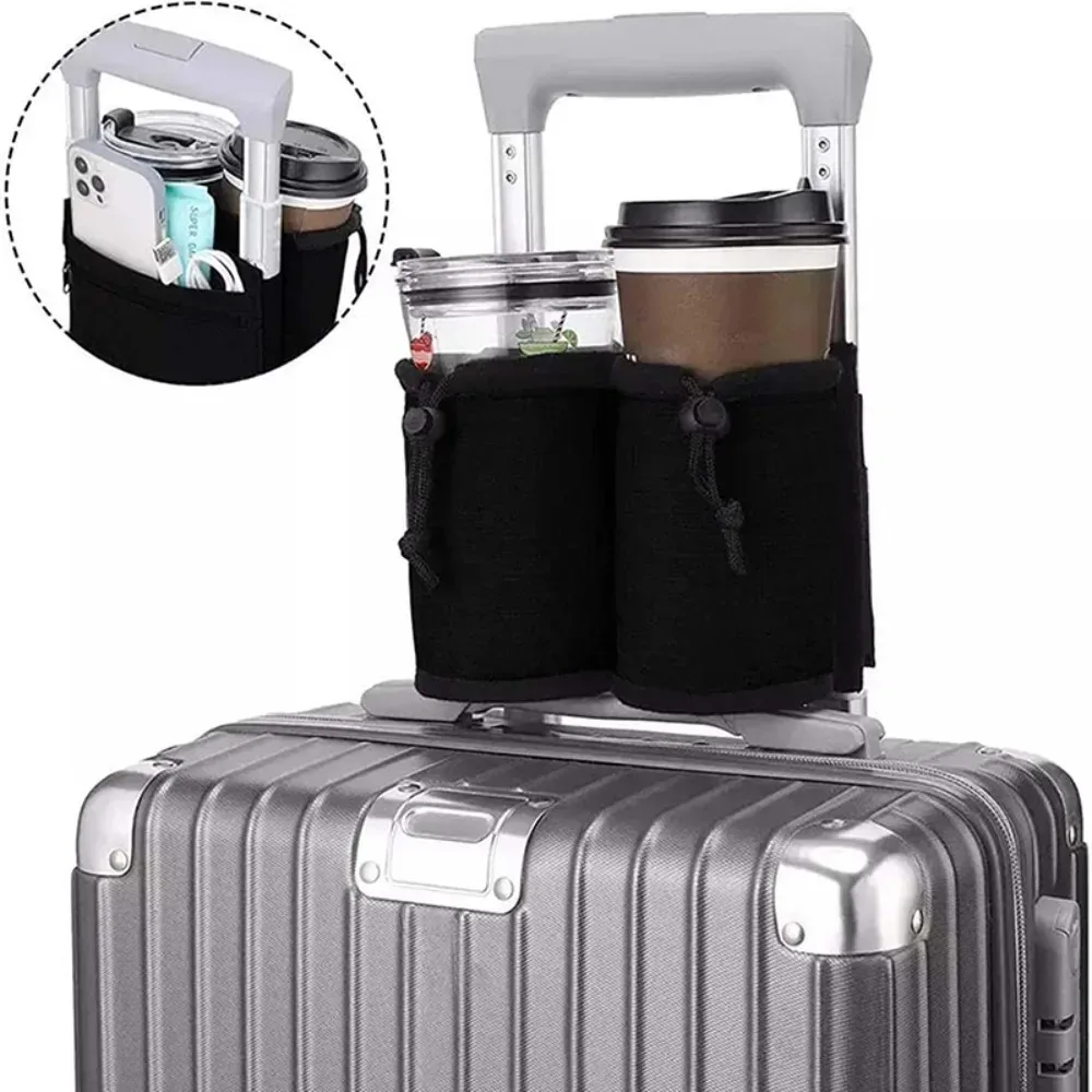 Porte-bouteille d'eau pour poignée de bagage, pochette de rangement double pour gobelets, porte-boissons réglable avec cordon de serrage pour valise de voyage