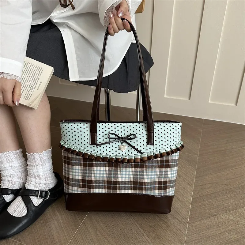 Sac fourre-tout vintage à pois et à carreaux grande capacité pour écolière, sac à bandoulière polyvalent simple et haut de gamme