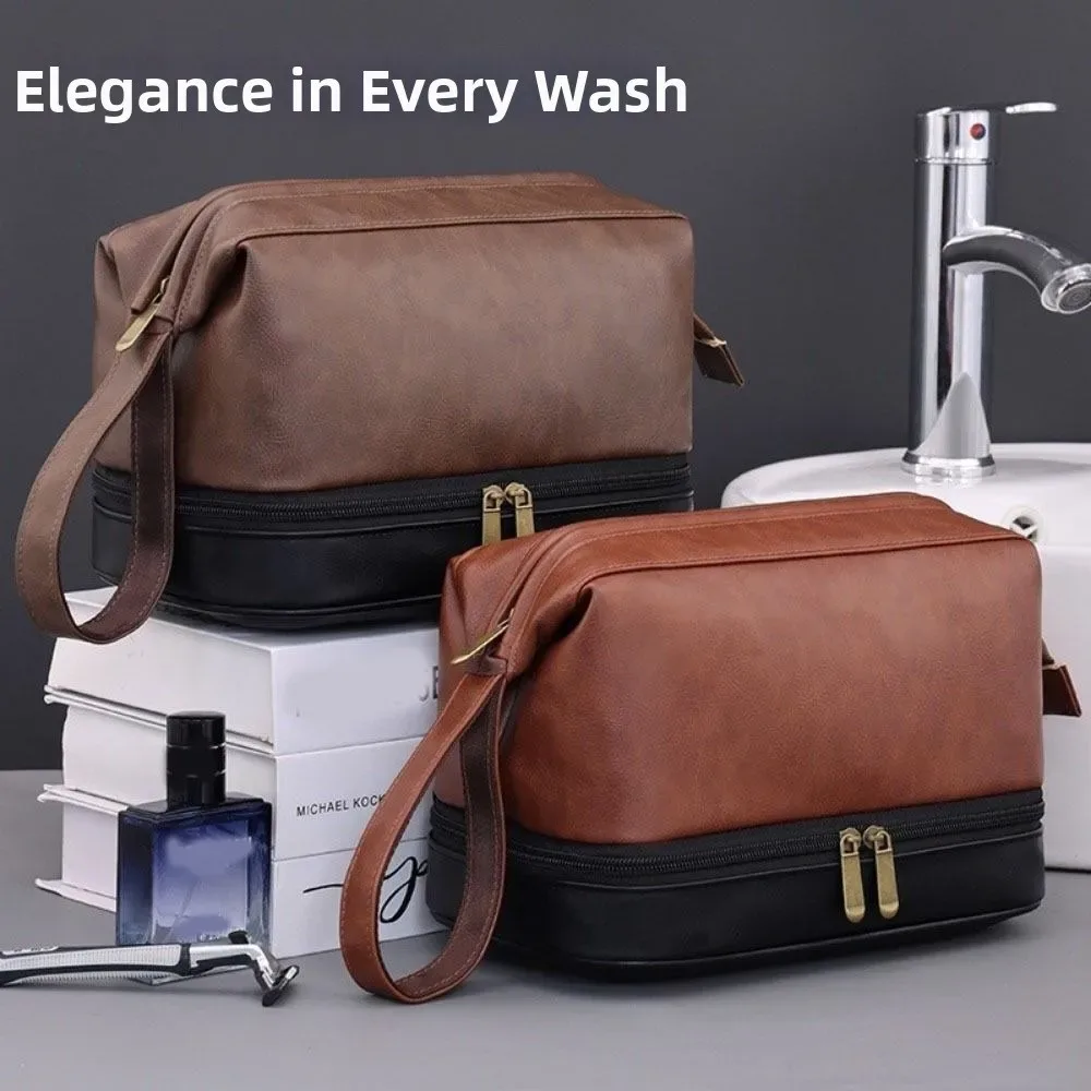 trousse de toilette rétro en cuir pu pour hommes, grande capacité, séparation sec-humide, étanche, pochette de maquillage professionnelle pour hommes