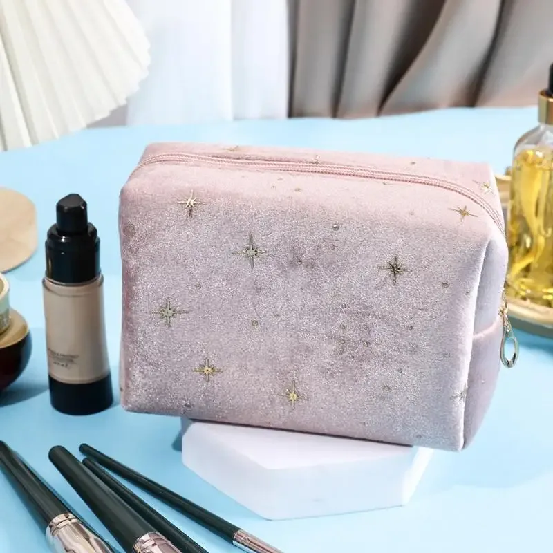 pochette à cosmétiques spacieuse en velours, sac de toilette de voyage avec motif étoile, trousse de maquillage portable pour rouge à lèvres