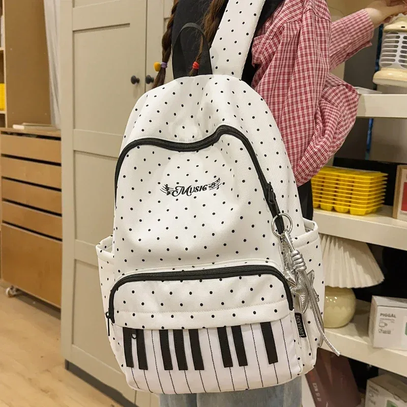 sac à dos à touches de piano à pois, sac à dos de style japonais à blocs de couleur, sac à dos en forme de piano de style scolaire, grand sac de voyage pour femmes