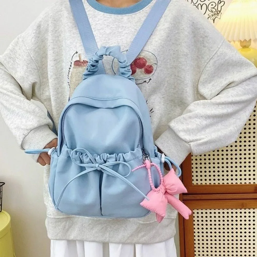 sac à dos à cordon en nylon pour étudiants, grande capacité, design plissé, sac de voyage, bretelles réglables et souples, sac à dos avec nœud.