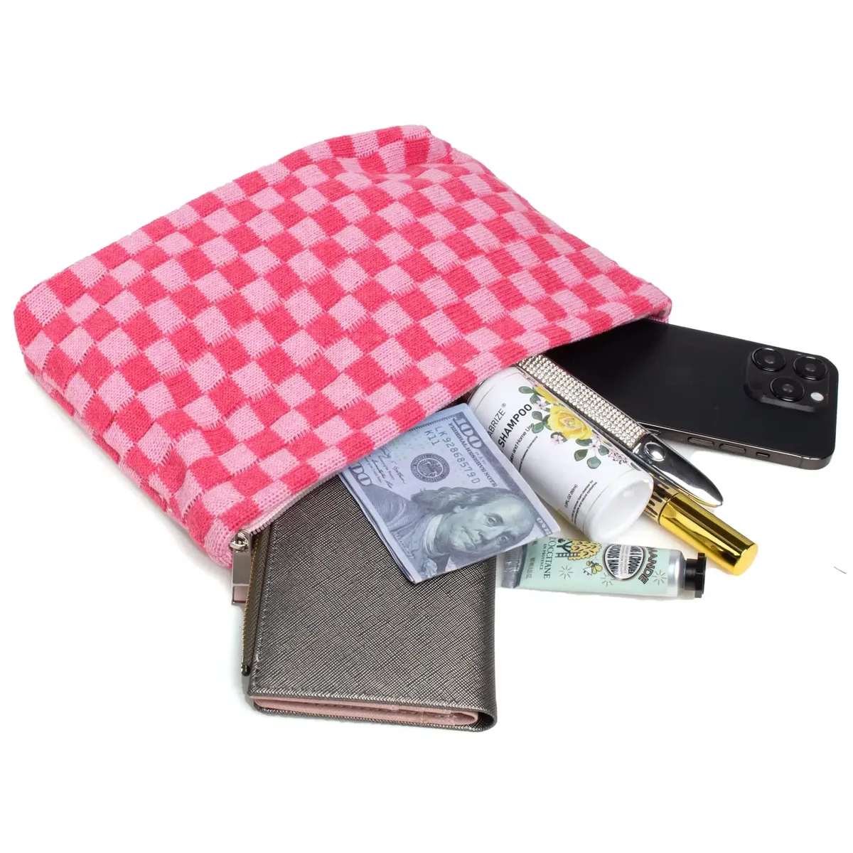 trousse de maquillage à carreaux 3 pièces, trousse de toilette de voyage, sac de pinceaux de maquillage mignon, sacs à cosmétiques pour femmes, sacs de maquillage à fermeture éclair pour sac à main