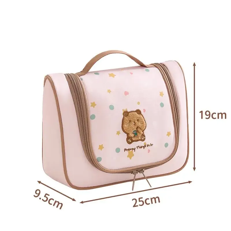 trousse de toilette brodé motif dessin animé avec compartiments séparés, sac de voyage suspendu grande capacité, organisateur de maquillage portable