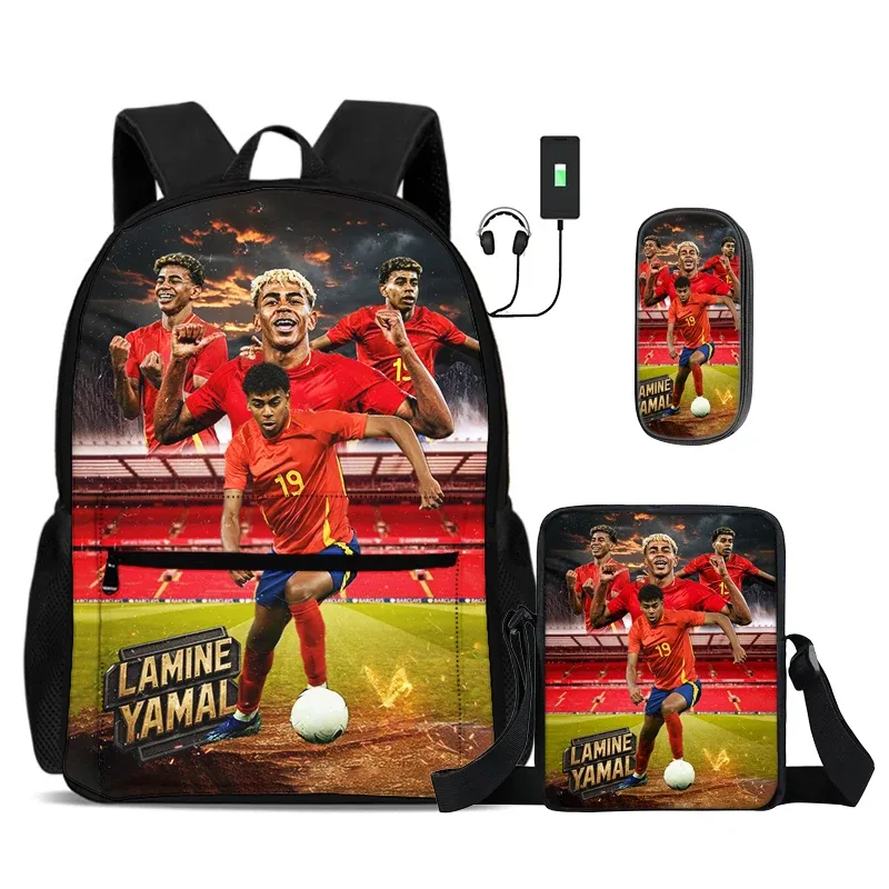 ensemble de 3 sacs à dos scolaires pour enfants avec sac à bandoulière et trousse à crayons, sac à dos l-lamin yamal avec interface usb