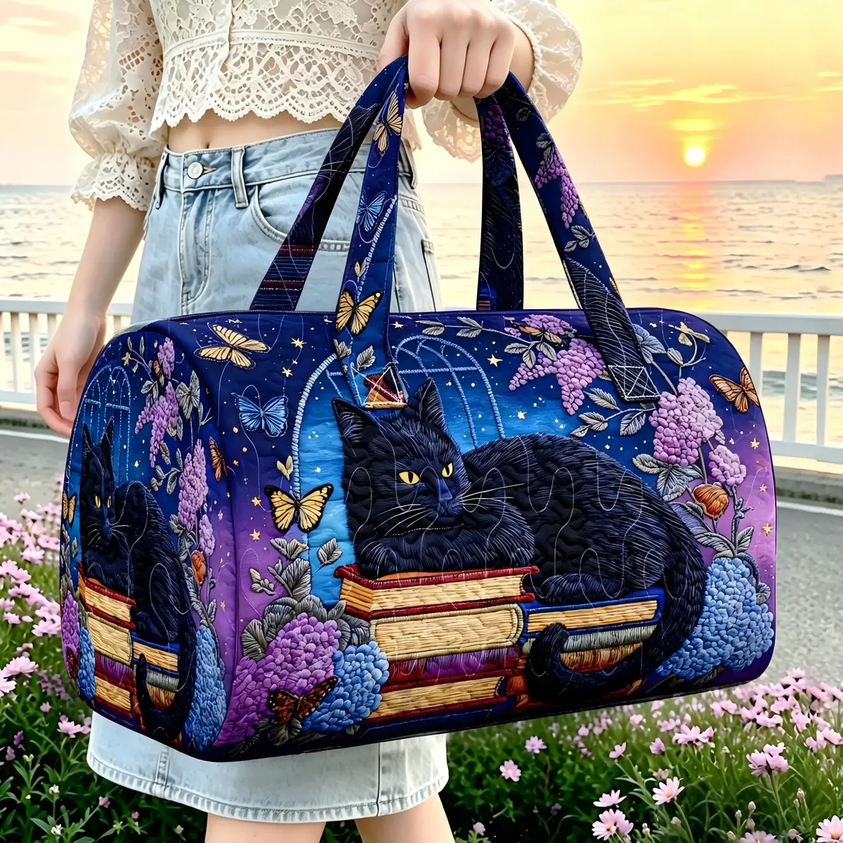 sac de voyage pour femme, grande capacité, motif chat noir, livre, hortensia, ciel étoilé, sac à main de week-end, sac de voyage de loisirs à motif papillon et fleur.