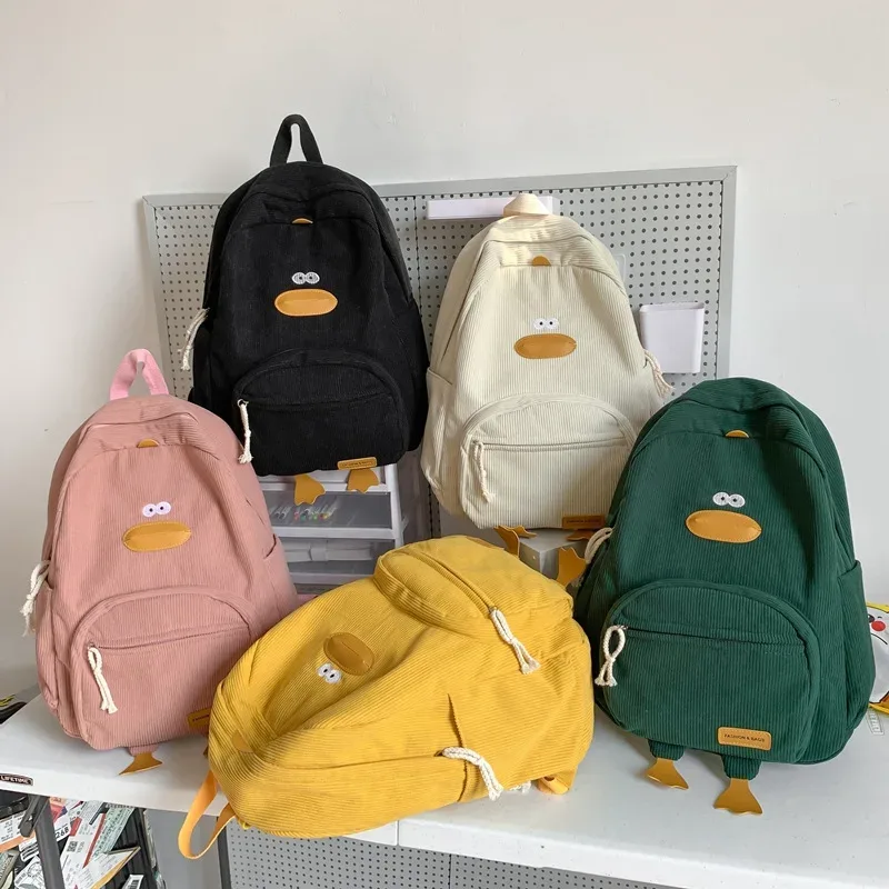 Sac à dos en velours côtelé avec motif de canard mignon, grande capacité, design 3D avec pattes de canard, léger, décontracté, pour étudiants, adolescents, voyages