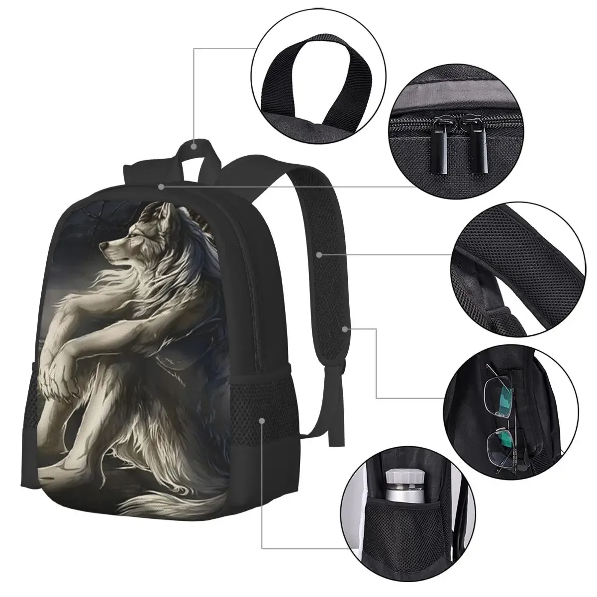 sac à dos emo white wolf sitting sad meme pour étudiants, sac d'école, sac de randonnée, sac de voyage, sac à dos de mode pour garçons et filles, sacs à bandoulière