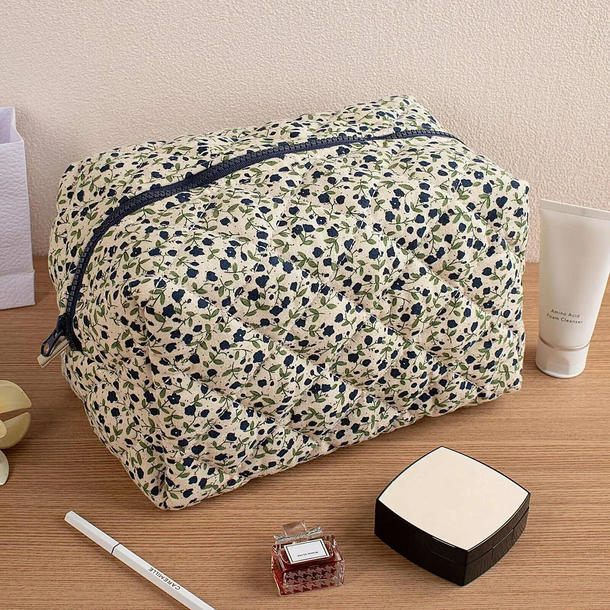 1PC fleur imprimé gonflé matelassé fermeture éclair maquillage sac organisateur de rangement toilette sac à main pochette cosmétique grand voyage sac cosmétique