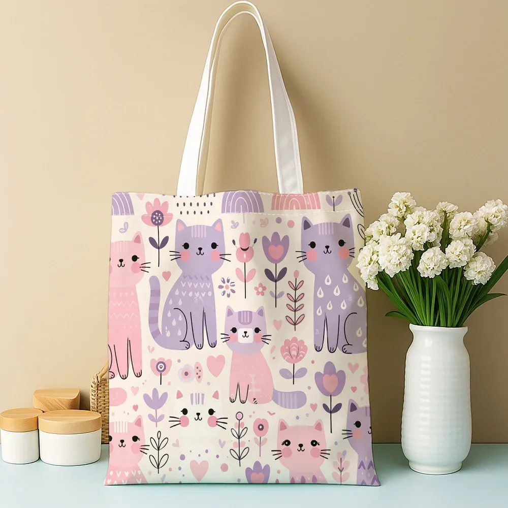 sac fourre-tout/sac à bandoulière portable, thème chat et fleurs pastel, pour voyage, shopping, sac à main léger, sac de rangement unisexe, 1 pièce