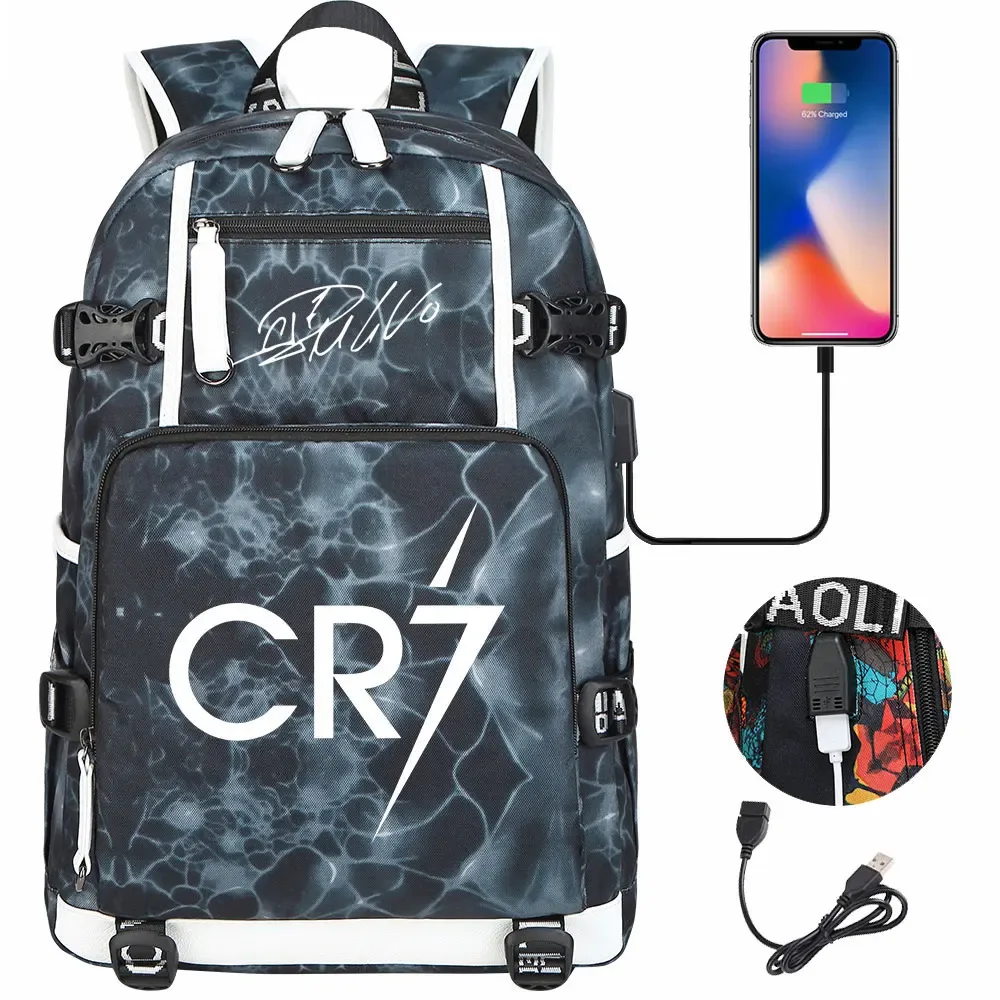 football star cr7 usb grande capacité étudiant mochila femmes hommes ordinateur portable voyage sac à dos garçons filles enfants retour à l'école livre sacs