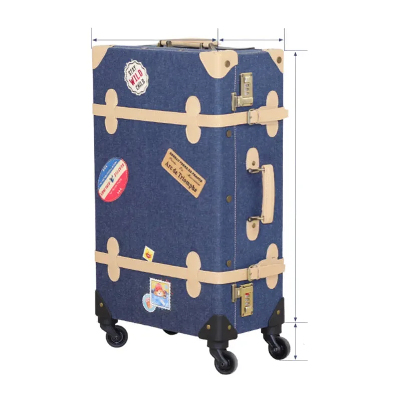 nouvelle valise en patchwork de denim avec coins en cuir faits à la main, roulettes à bagages rigides de voyage vintage de 20/24 pouces