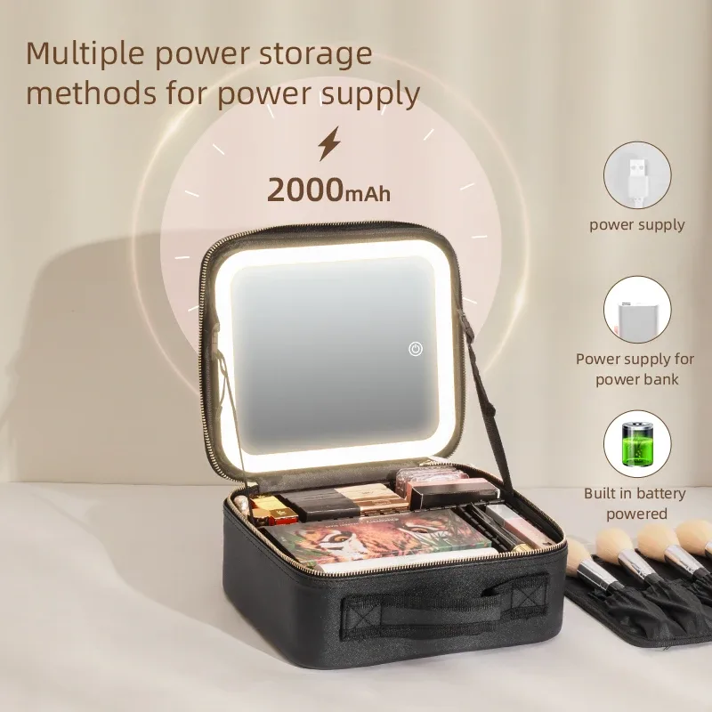 trousse de voyage pour maquillage avec miroir éclairé par led, 3 réglages réglables de couleur, trousse de maquillage de voyage avec séparateurs réglables,