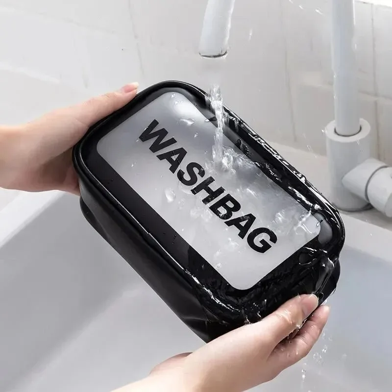 nouvelle trousse de maquillage et de toilette transparente en trois pièces, grande capacité, sac de rangement portable en pvc semi-transparent givré