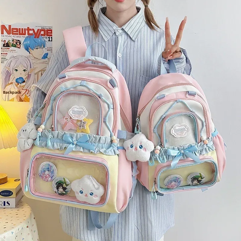 Sac à dos coréen à nœud papillon, grande capacité, esthétique soignée, couleur transparente contrastante, pour l'école
