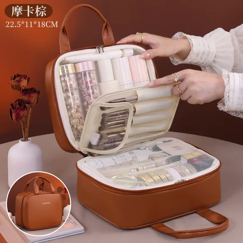 sac de rangement de cosmétiques à deux étages, espace de rangement surdimensionné avec poignées et plusieurs poches, trousse de toilette en matériau pu