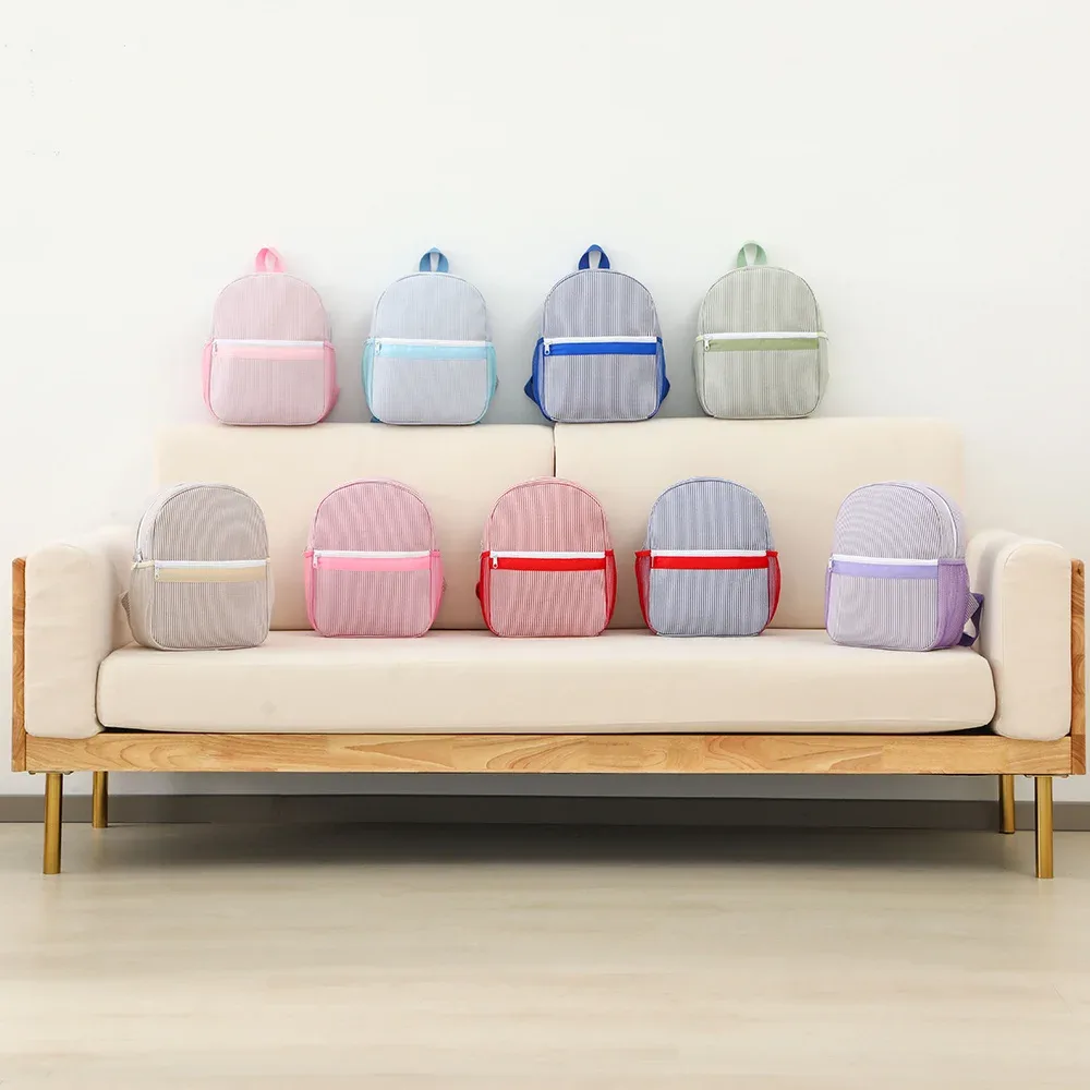 Sac à dos scolaire pour tout-petits, sac à dos rayé mignon en seersucker pour filles 12 pouces pour la maternelle, 15 pouces pour les adolescents du lycée