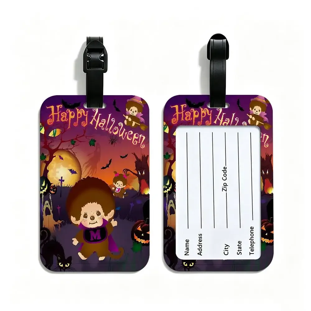 étiquette de bagage de voyage en pvc, motif dessin animé lawaii anime m-monchhichi, avec porte-carte d'informations et marqueur de nom anti-perte pour sac à dos.