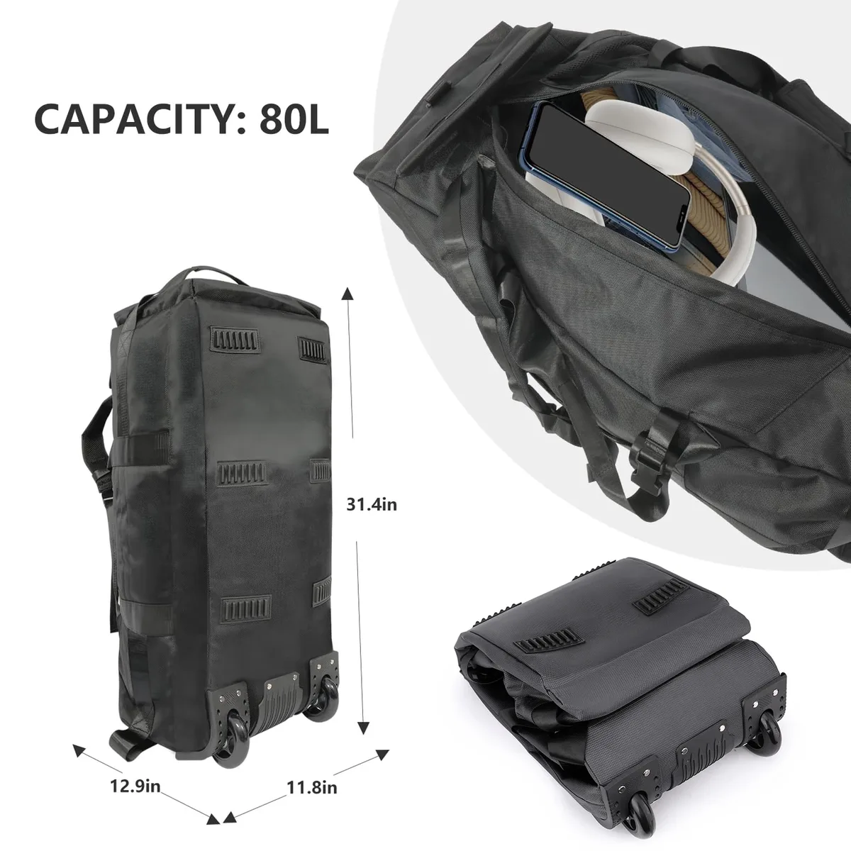 sac de sport roulant 80l avec roulettes sac de voyage pliable robuste de 31 pouces bagage à roulettes résistant à l'eau avec bandoulière